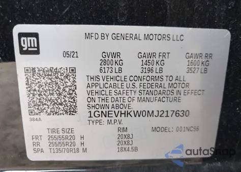 2021 Chevrolet Traverse Awd Lt Leather z USA, uszkodzony, nr VIN 1GNEVHKW0MJ217630